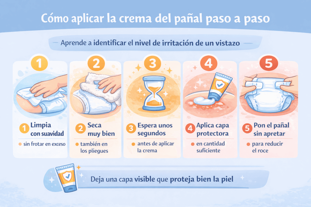 Infografía que explica paso a paso cómo aplicar correctamente la crema del pañal en bebés para proteger la piel y evitar irritaciones