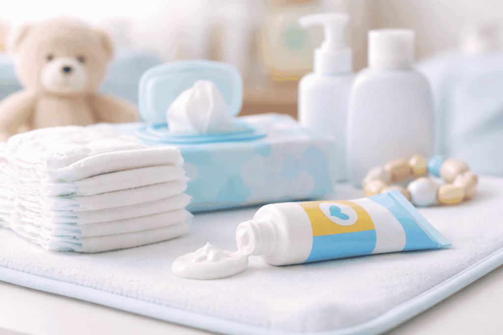 Cremas para dermatitis del pañal en bebés junto a pañales y productos de cuidado infantil sobre un cambiador limpio