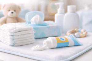 Cremas para dermatitis del pañal en bebés junto a pañales y productos de cuidado infantil sobre un cambiador limpio