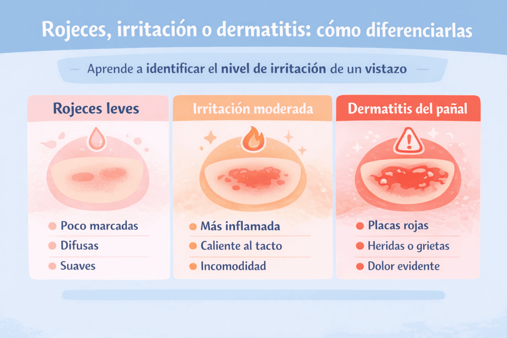 Infografía que muestra cómo diferenciar rojeces leves, irritación moderada y dermatitis del pañal en bebés según sus síntomas principales