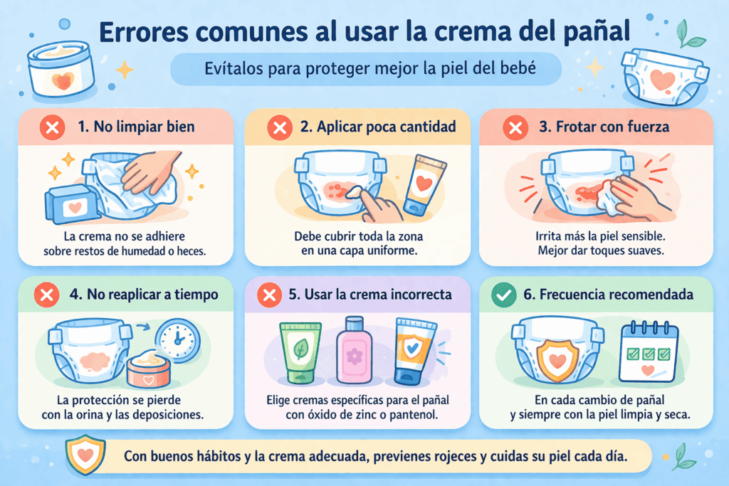 Infografía que muestra errores comunes al usar la crema del pañal en bebés y cómo evitarlos para proteger mejor la piel