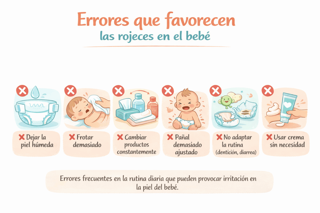 Infografía con los errores más comunes que provocan rojeces en el pañal del bebé como dejar la piel húmeda, frotar o usar productos inadecuados