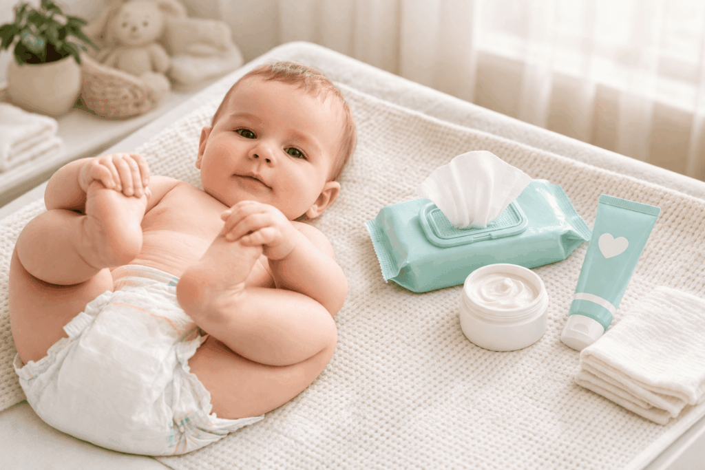 Bebé con pañal limpio en un cambiador junto a productos de cuidado como toallitas y crema para prevenir rojeces
