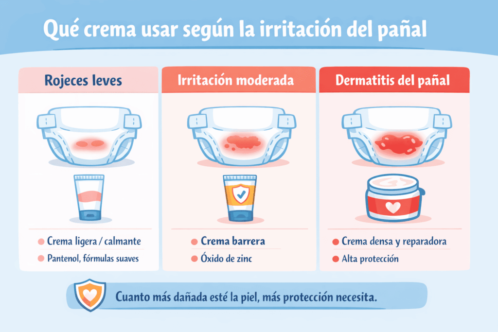 Infografía que muestra qué crema usar según la irritación del pañal en bebés: crema ligera para rojeces leves, crema barrera con óxido de zinc para irritación moderada y crema densa reparadora para dermatitis del pañal
