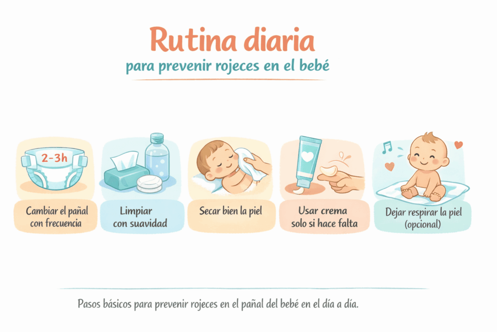 Infografía que muestra la rutina diaria para prevenir rojeces en el pañal del bebé con pasos como cambiar el pañal, limpiar, secar y usar crema cuando es necesario
